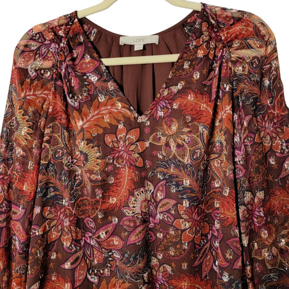 LOFT Womens Multicolor Floral Paisley Shimmer Clip Boho Office Work Top Small - Picture 3 of 10